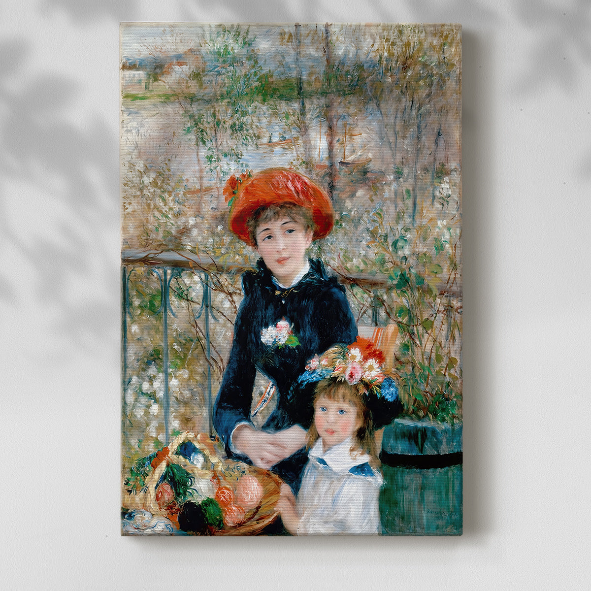 Canvas art print of a charming scene of two figures in a sunlit outdoor setting with a soft shadow on a white background.