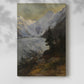 Canvas art print of a rugged alpine scene with snow-covered terrain and depth with a soft shadow on a white background.