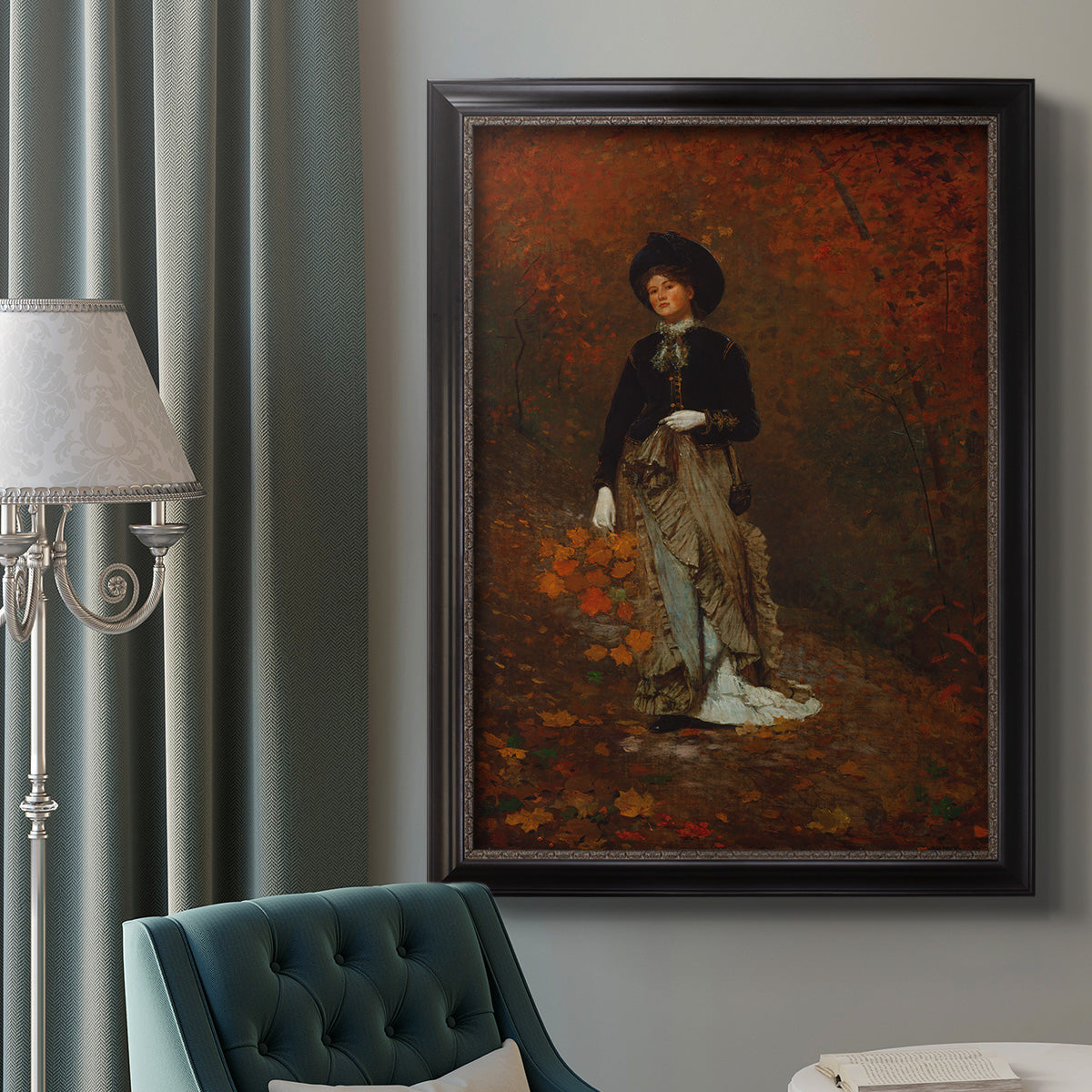 Realist autumn portrait scene by Winslow Homer in an ornate black frame with gilded inner detail displayed in a neutral interior setting.