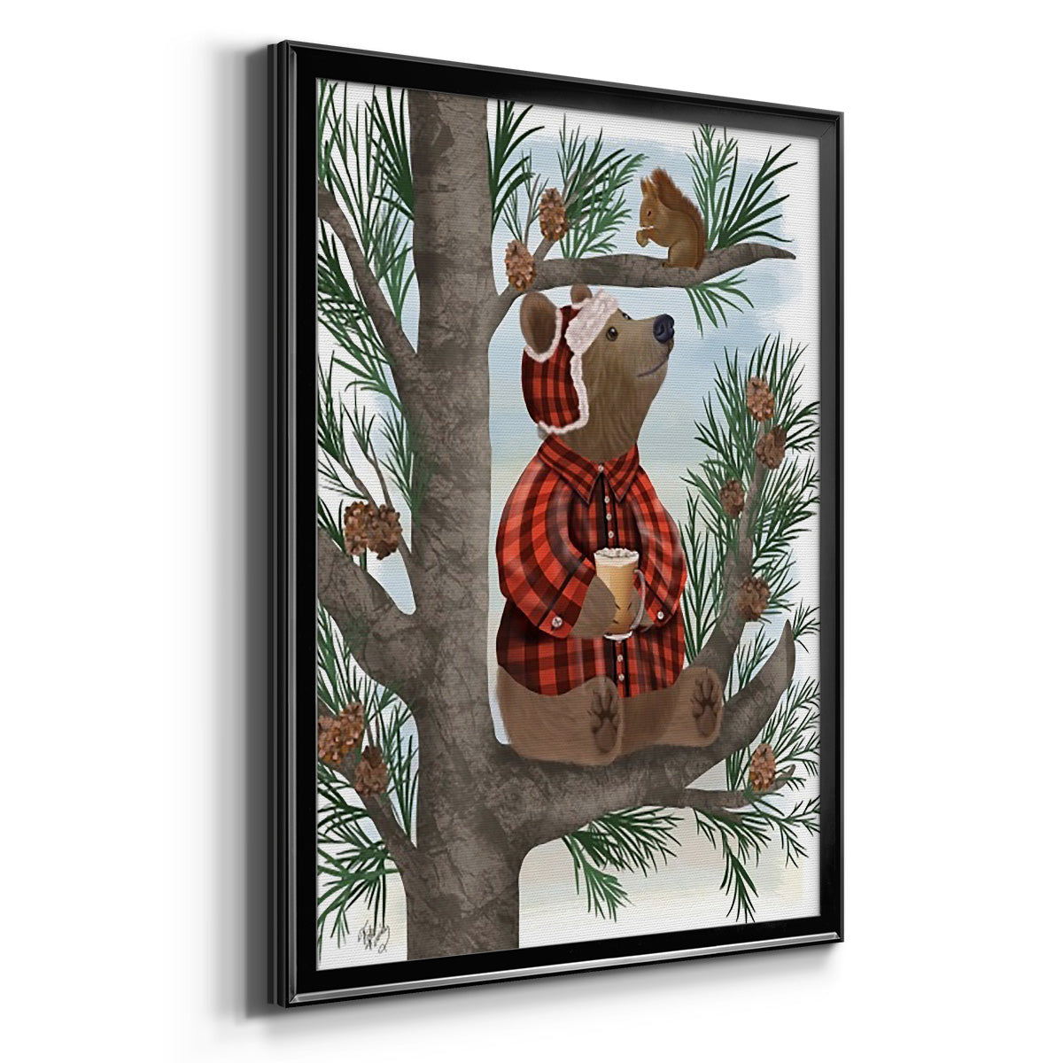 Lumberjack Bear Pine Tree Coffee Break - Modern Framed Canvas Print