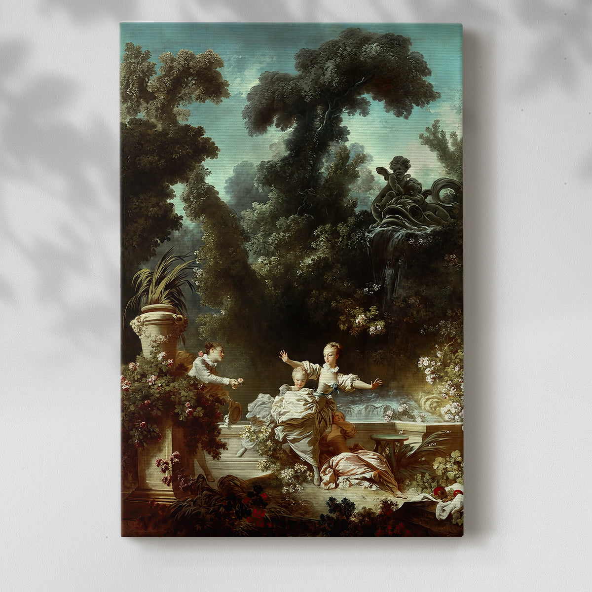Canvas art print of a playful outdoor composition with figures in motion with a soft shadow on a white background.