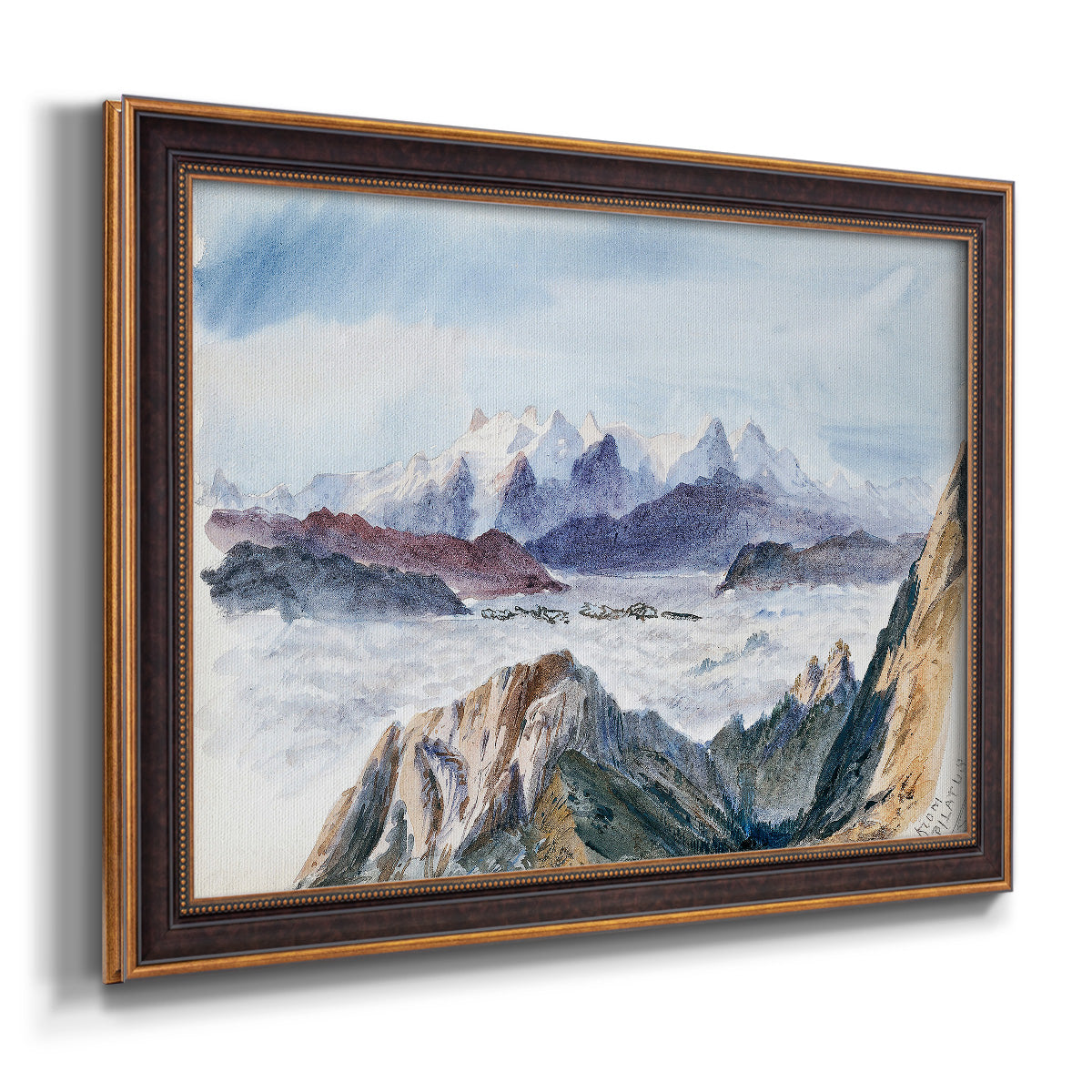 Impressionist alpine mountain landscape by John Singer Sargent printed on canvas in an ornate bronzed mahogany wood frame.