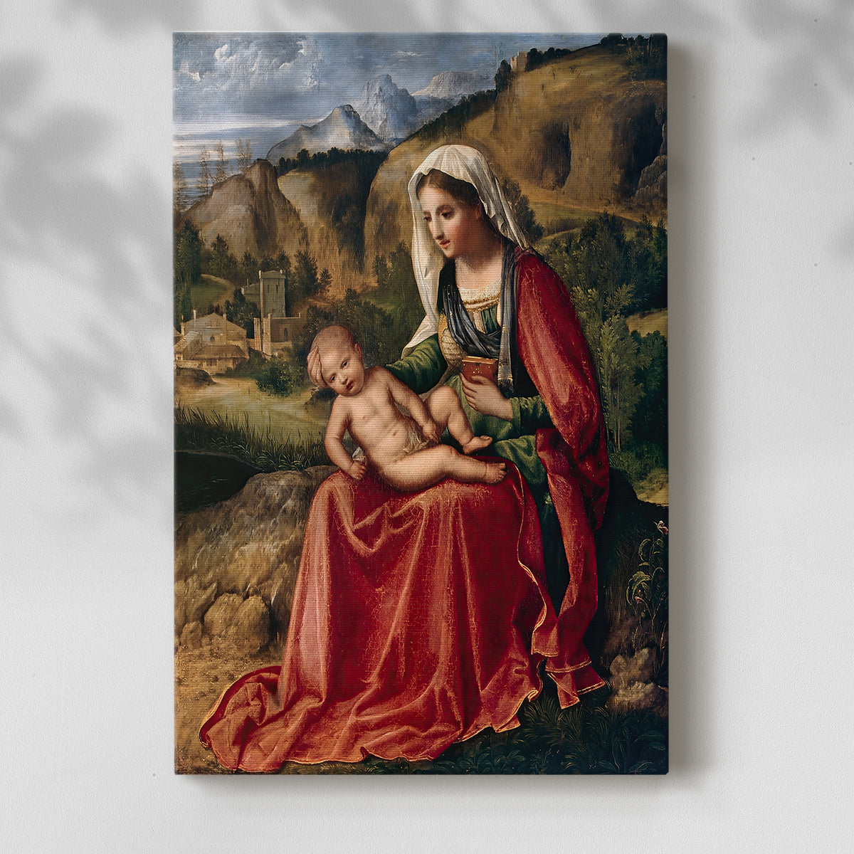 Canvas art print of a serene composition with figures and soft background scenery with a soft shadow on a white background.