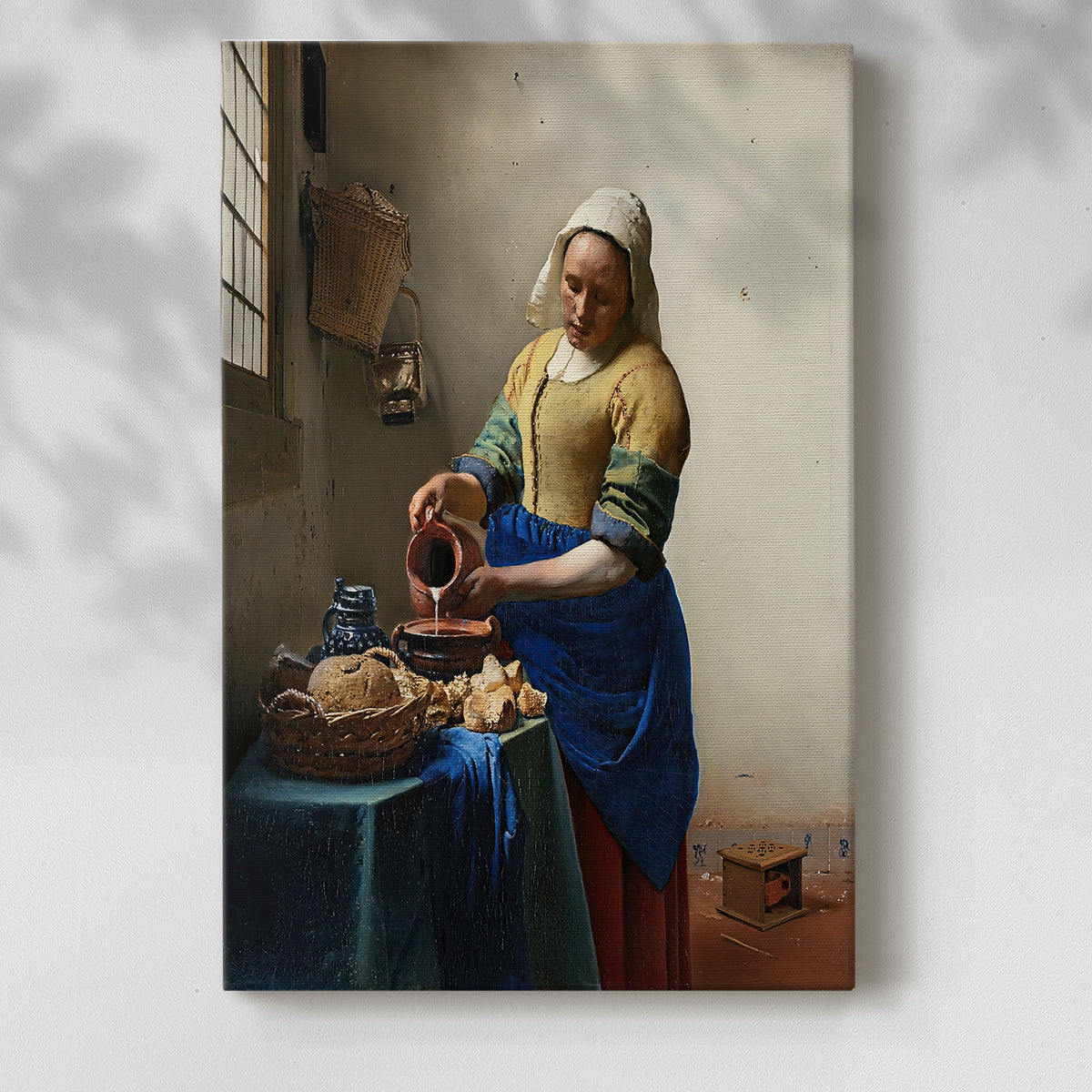 Canvas art print of a quiet domestic scene with bread and simple kitchen setting with a soft shadow on a white background.