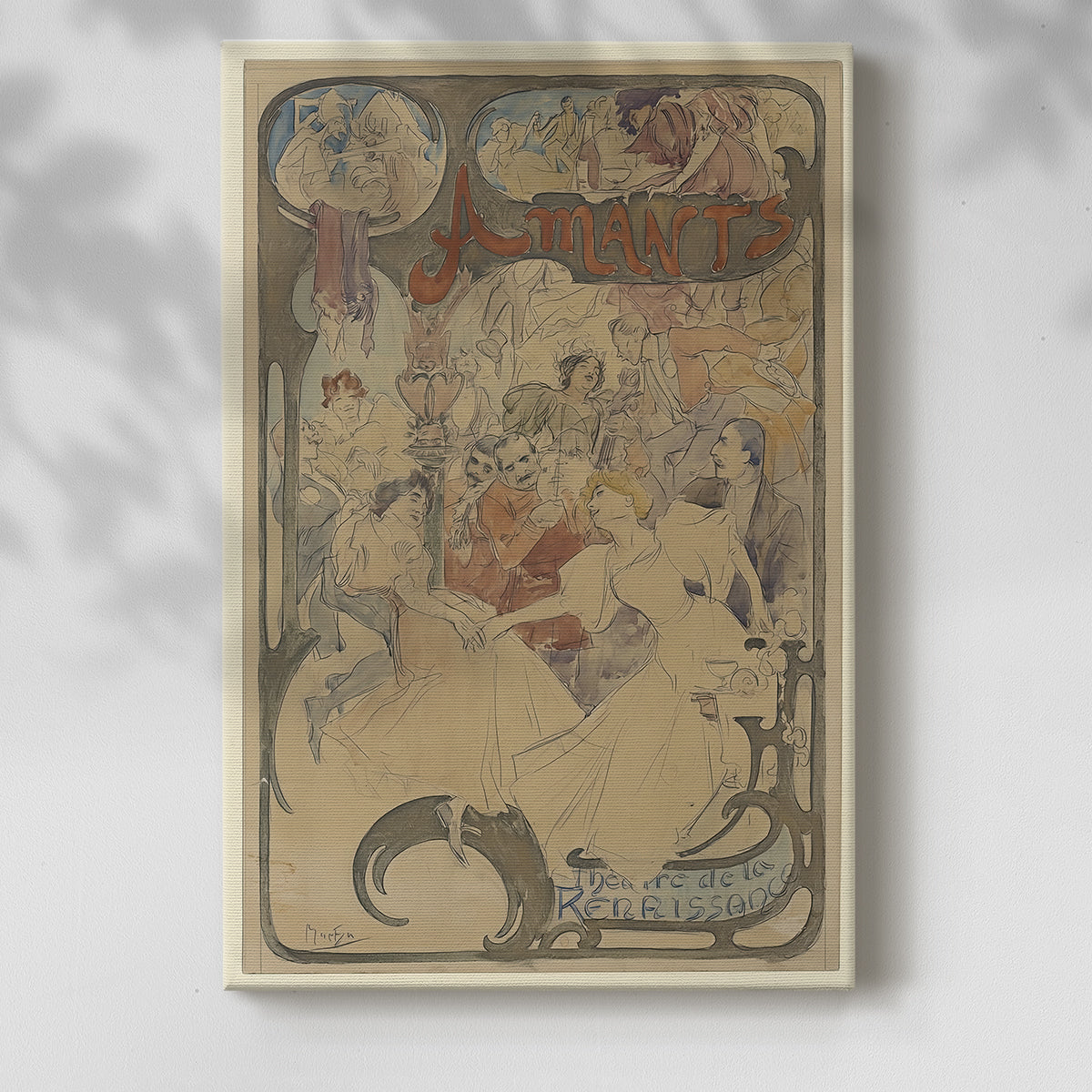 Canvas art print of a Romantic scene of two figures in close embrace with flowing lines with a soft shadow on a white background.