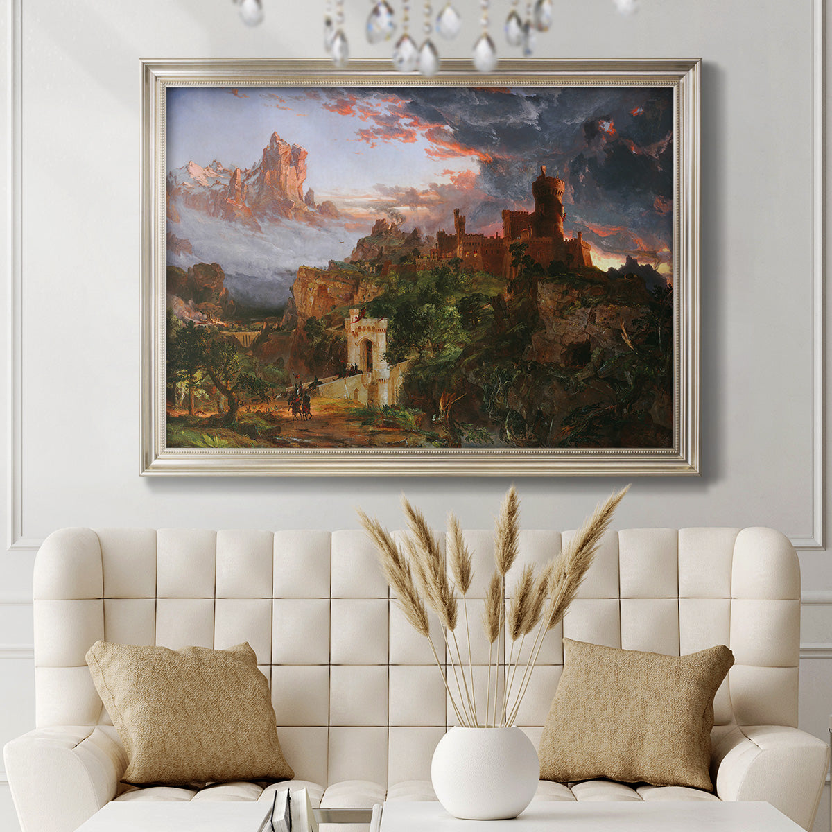 Romantic allegorical landscape painting by Jasper Francis Cropsey in an ornate champagne frame displayed in a neutral-toned interior setting.