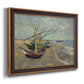 Impressionist coastal fishing boats scene by Vincent van Gogh printed on canvas in an ornate bronzed mahogany wood frame.