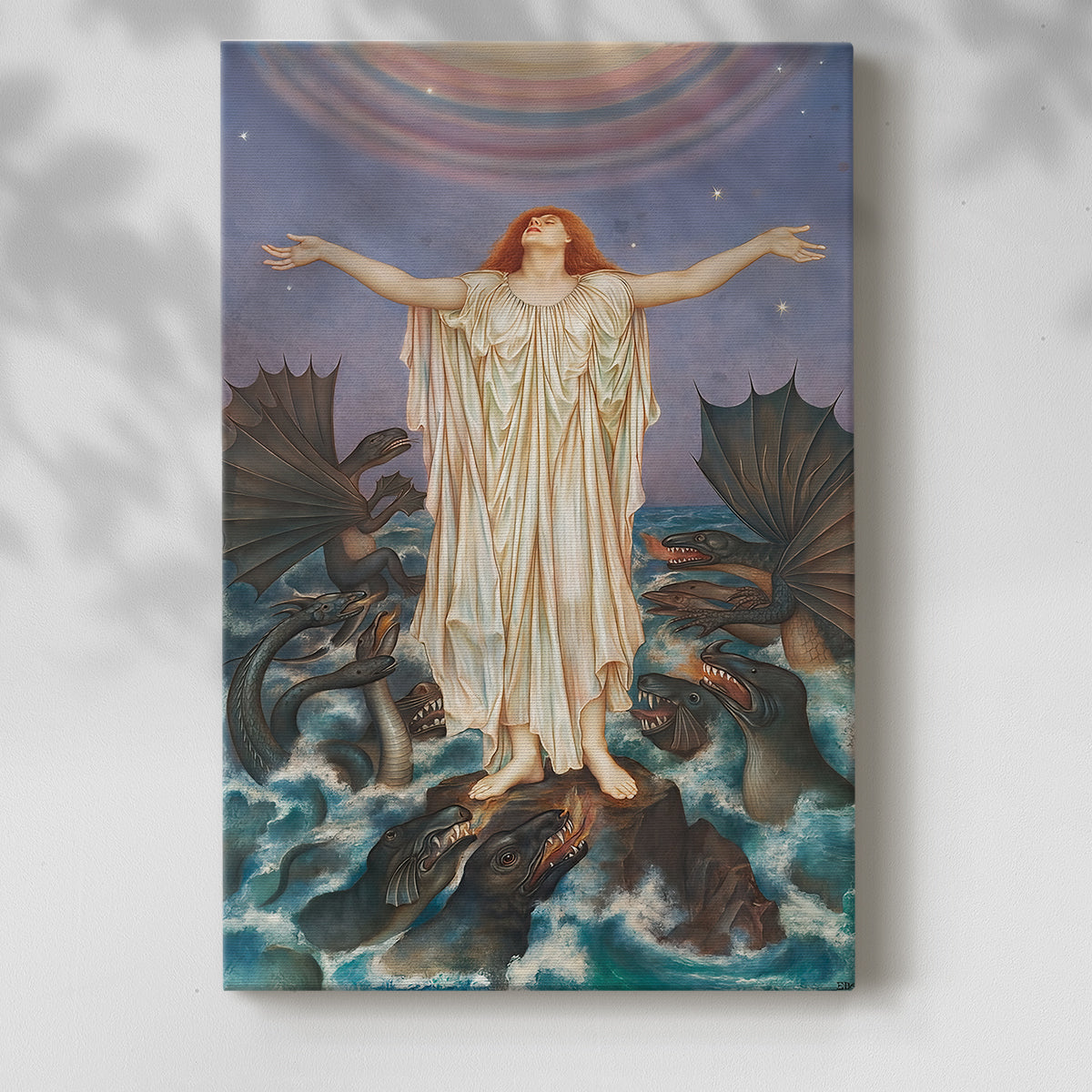 Canvas art print of a dramatic composition with outstretched figures in turmoil with a soft shadow on a white background.