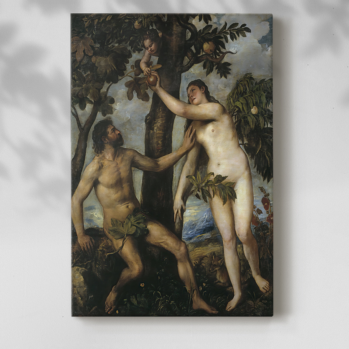 Canvas art print of a biblical composition with figures and subtle landscape with a soft shadow on a white background.