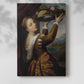 Canvas art print of a refined figure with still life element and soft tones with a soft shadow on a white background.