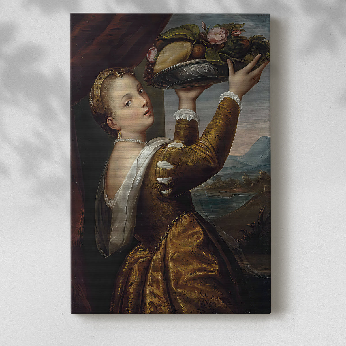 Canvas art print of a refined figure with still life element and soft tones with a soft shadow on a white background.