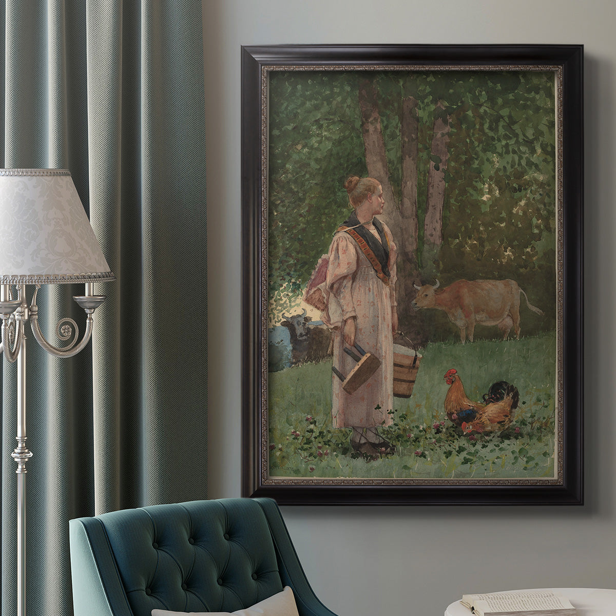 Realist genre scene of a milkmaid by Winslow Homer in an ornate black frame with gilded inner detail displayed in a neutral interior setting.