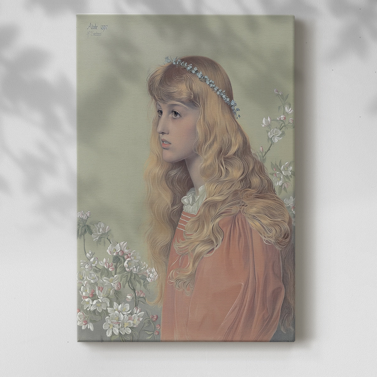 Canvas art print of a refined female figure with gentle expression and light shading with a soft shadow on a white background.