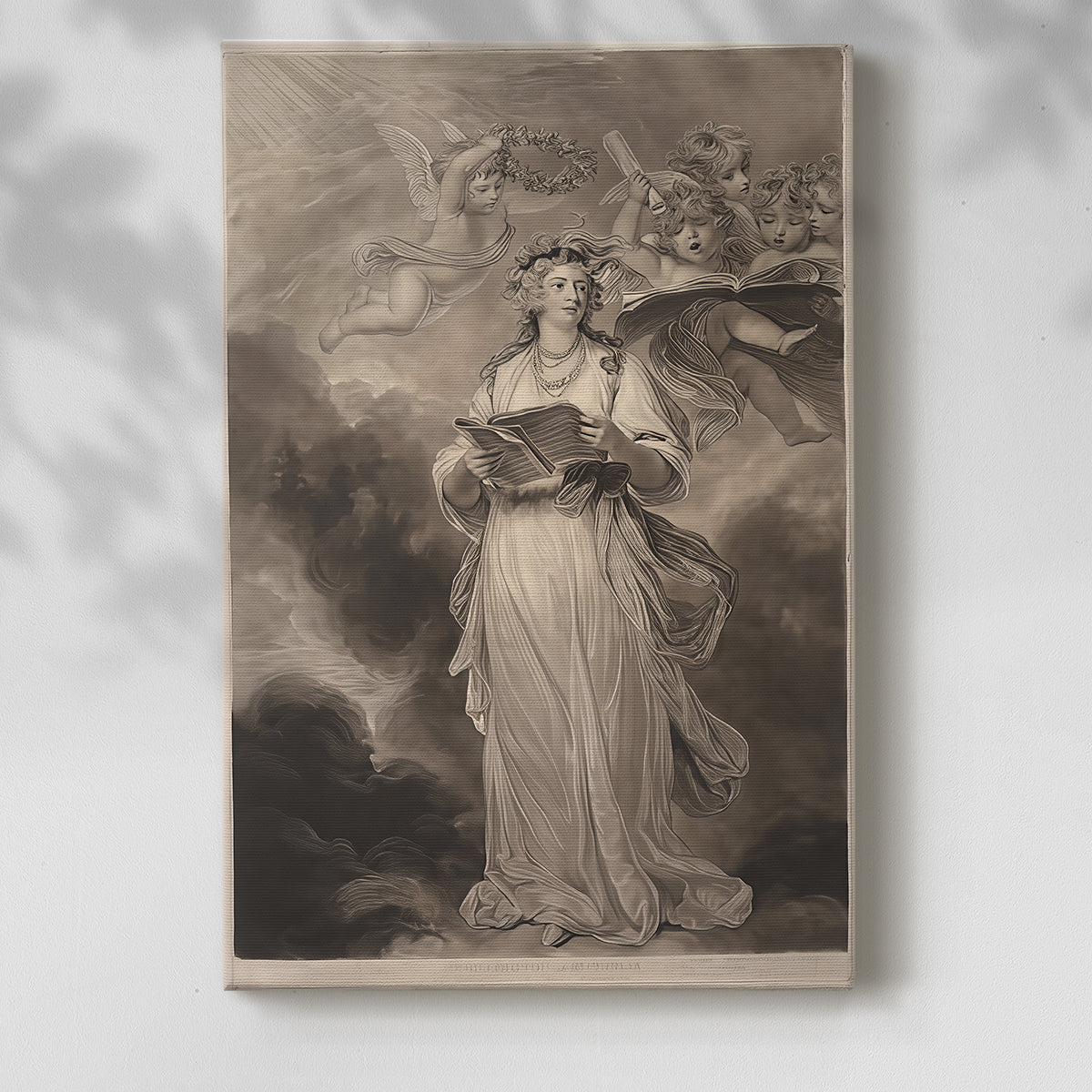 Canvas art print of a refined figure holding an instrument in a spiritual setting with a soft shadow on a white background.