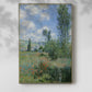 Canvas art print of a riverside village scene with gentle brushwork and greenery with a soft shadow on a white background.