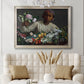 Traditional portrait of a woman holding peonies by Frédéric Bazille in an ornate champagne frame displayed in a neutral-toned interior setting.