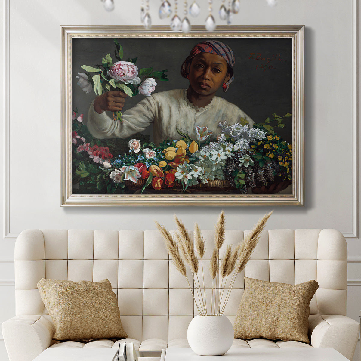 Traditional portrait of a woman holding peonies by Frédéric Bazille in an ornate champagne frame displayed in a neutral-toned interior setting.