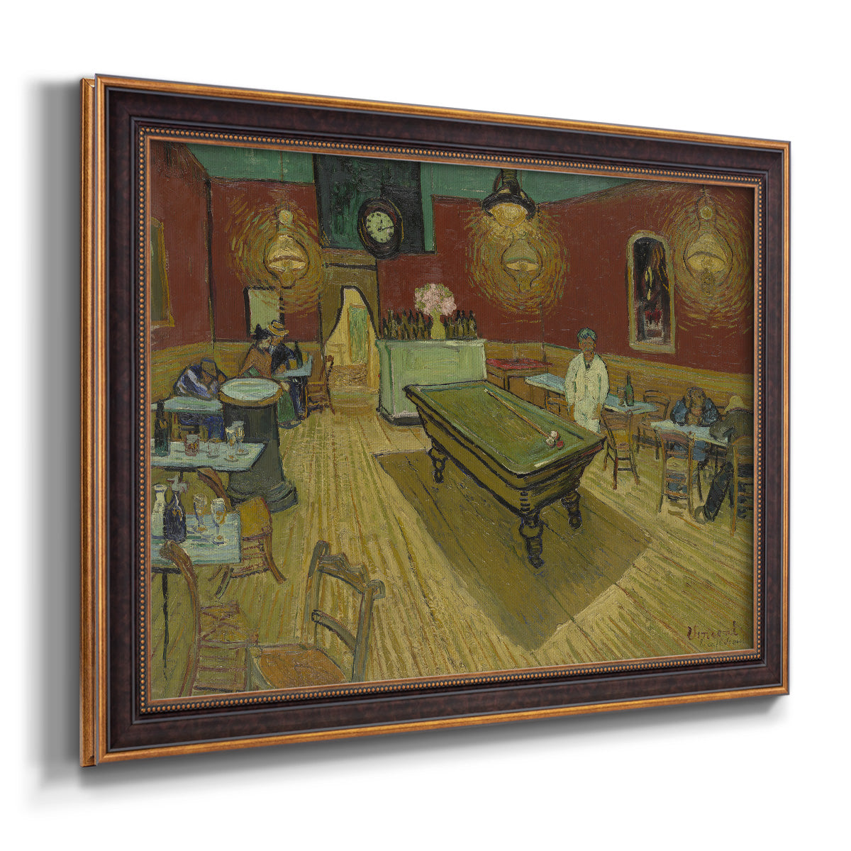 Impressionist interior of a night café by Vincent van Gogh printed on canvas in an ornate bronzed mahogany wood frame.