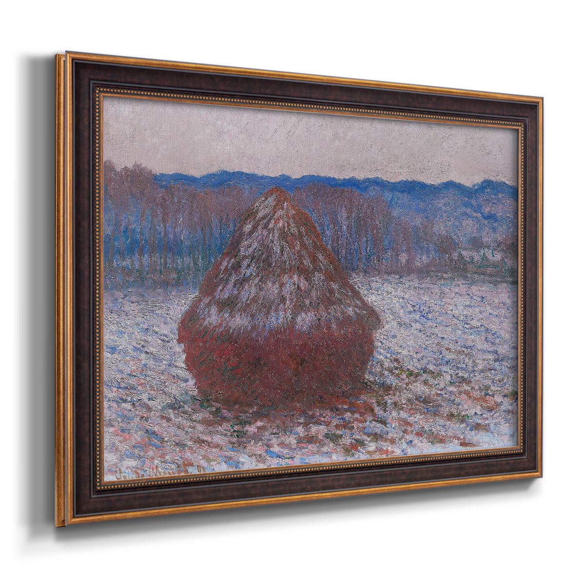 Impressionist single haystack landscape by Claude Monet printed on canvas in an ornate bronzed mahogany wood frame.