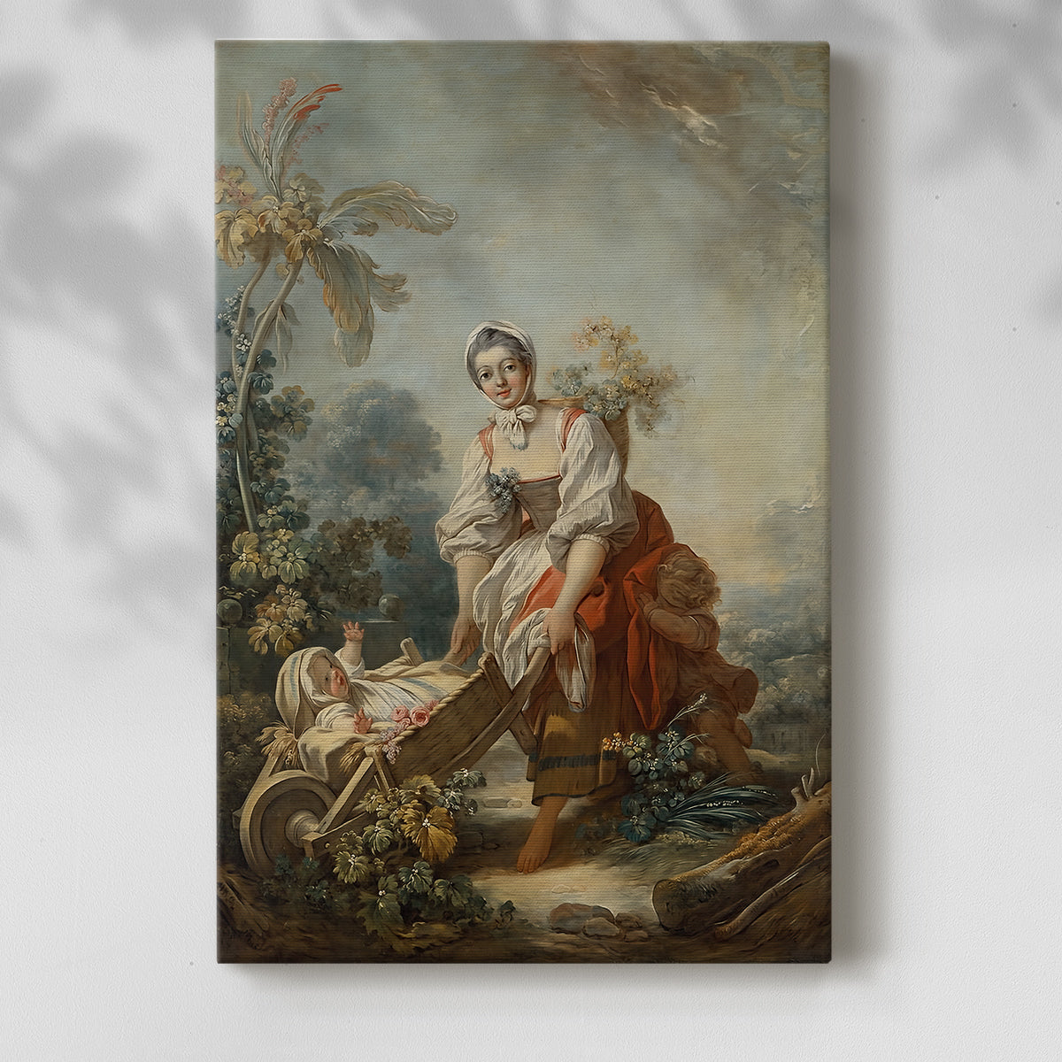 Canvas art print of a tender composition with figures in soft pastel tones with a soft shadow on a white background.