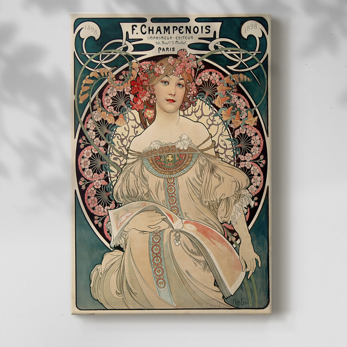 Canvas art print of a stylized portrait of a woman in a contemplative pose with soft tones with a soft shadow on a white background.