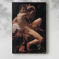 Canvas art print of a youthful figure with a ram illuminated by strong contrast with a soft shadow on a white background.