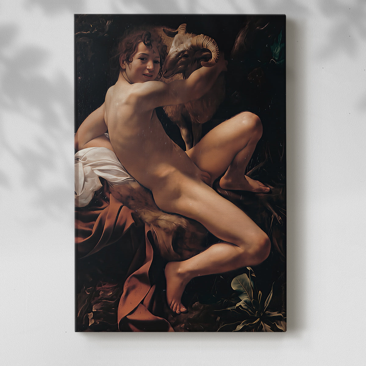 Canvas art print of a youthful figure with a ram illuminated by strong contrast with a soft shadow on a white background.