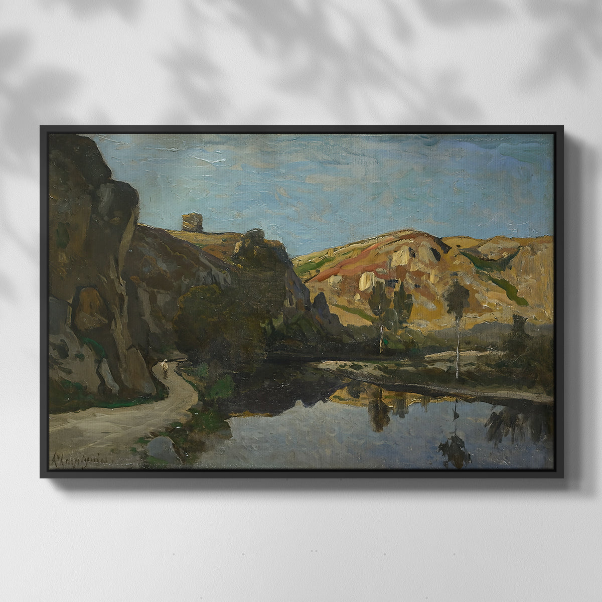 River Landscape with Cliffs, c. 1850-1860 - Floater Framed Canvas Print