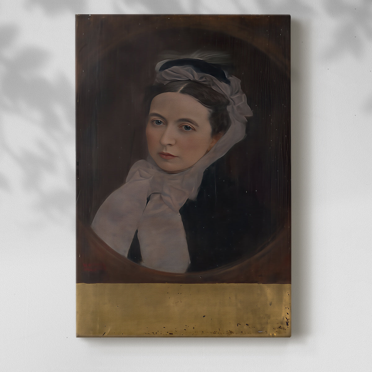 Canvas art print of a composed female figure with elegant clothing and gentle light with a soft shadow on a white background.