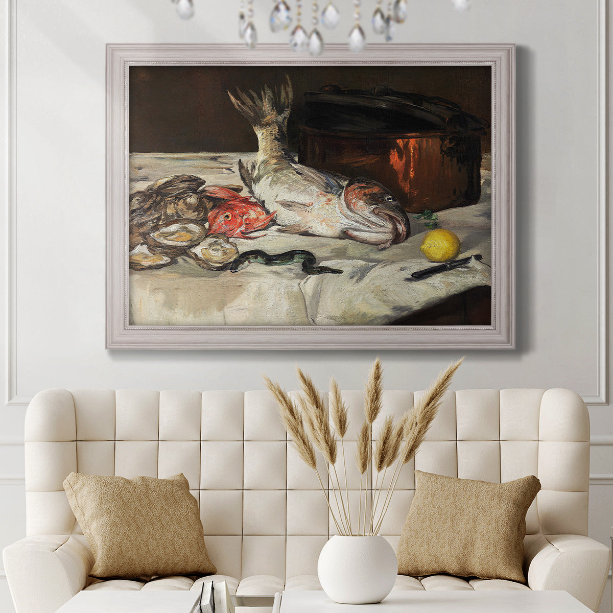 Impressionist still life painting of fish by Édouard Manet in an ornate weathered white frame displayed in a neutral-toned interior setting.