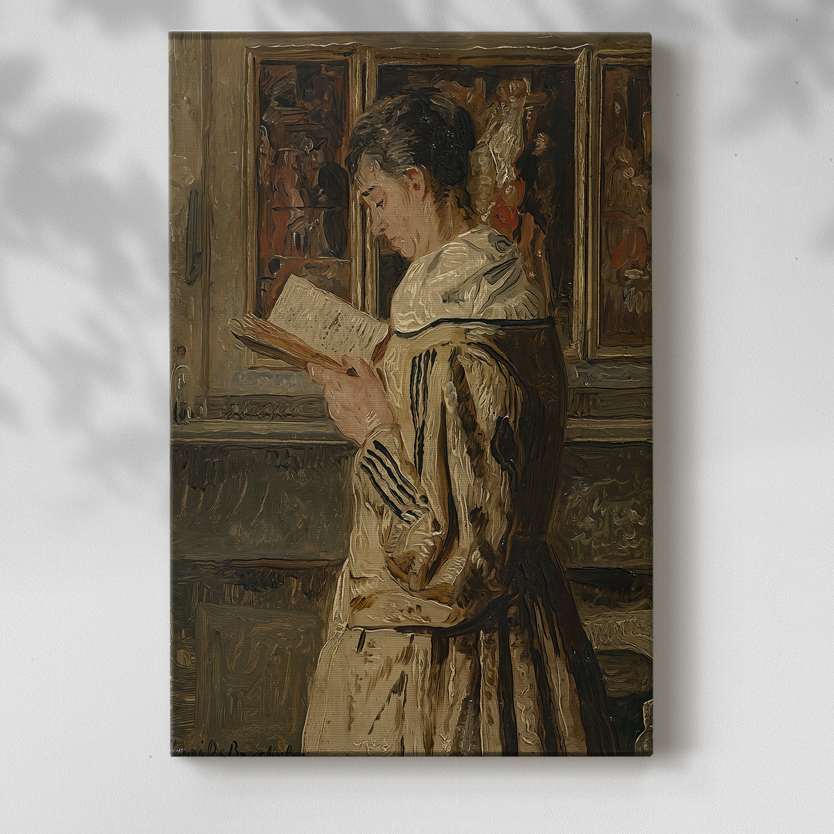 Canvas art print of a quiet room with a figure absorbed in a book with a soft shadow on a white background.
