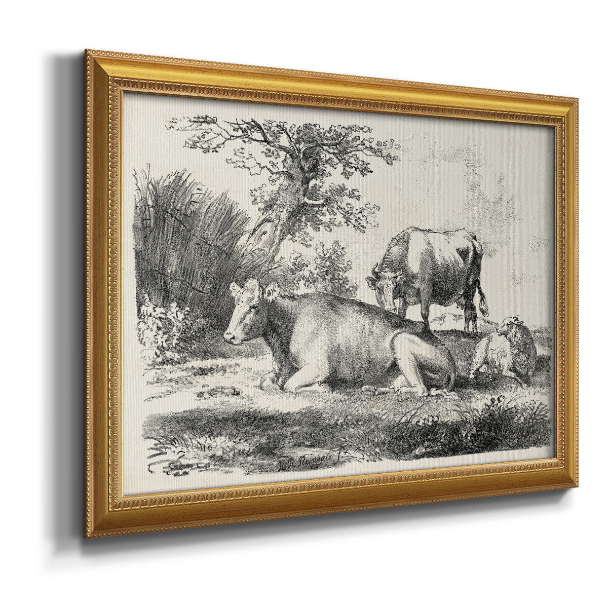 Classical pastoral landscape artwork by Nicolas Berchem printed on canvas in an ornate antique gold frame.