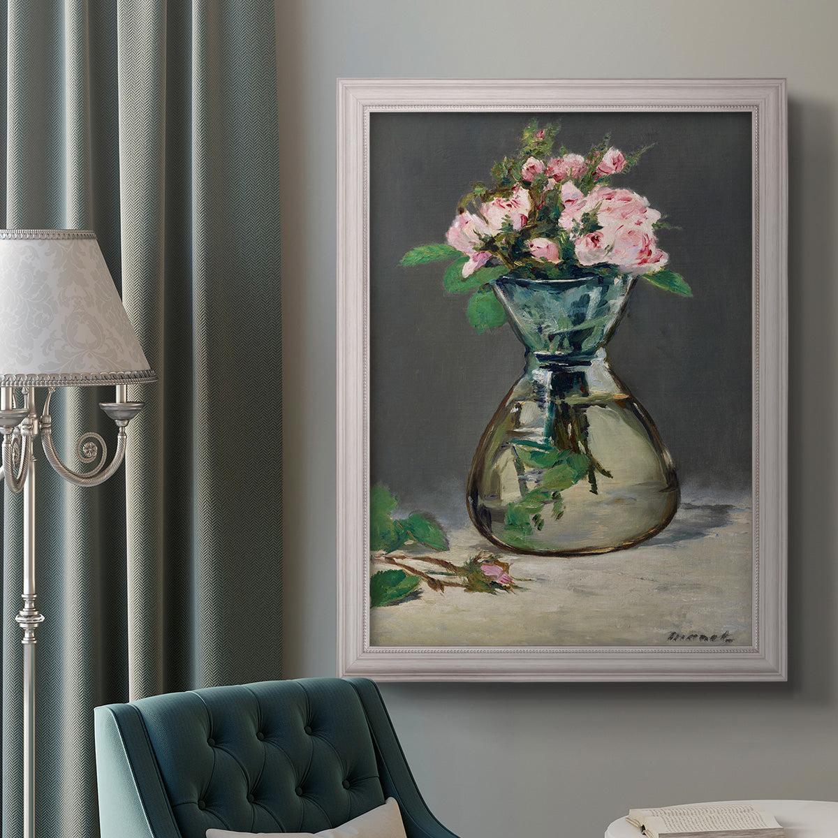 Moss Roses in a Vase - Ornate Framed Canvas Print