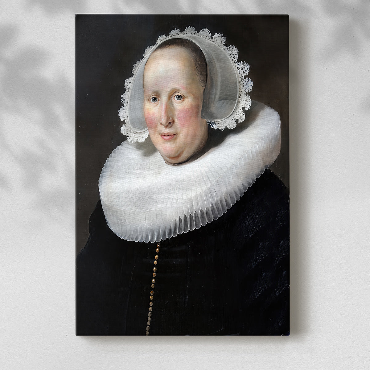 Canvas art print of a refined female figure with subtle shading and calm expression with a soft shadow on a white background.