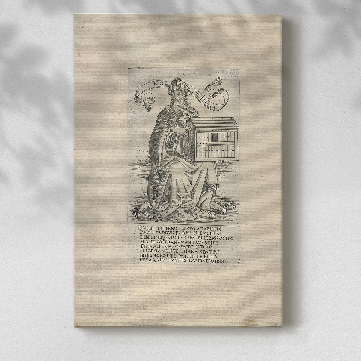 Canvas art print of a classical figure with etched detail and simple background with a soft shadow on a white background.