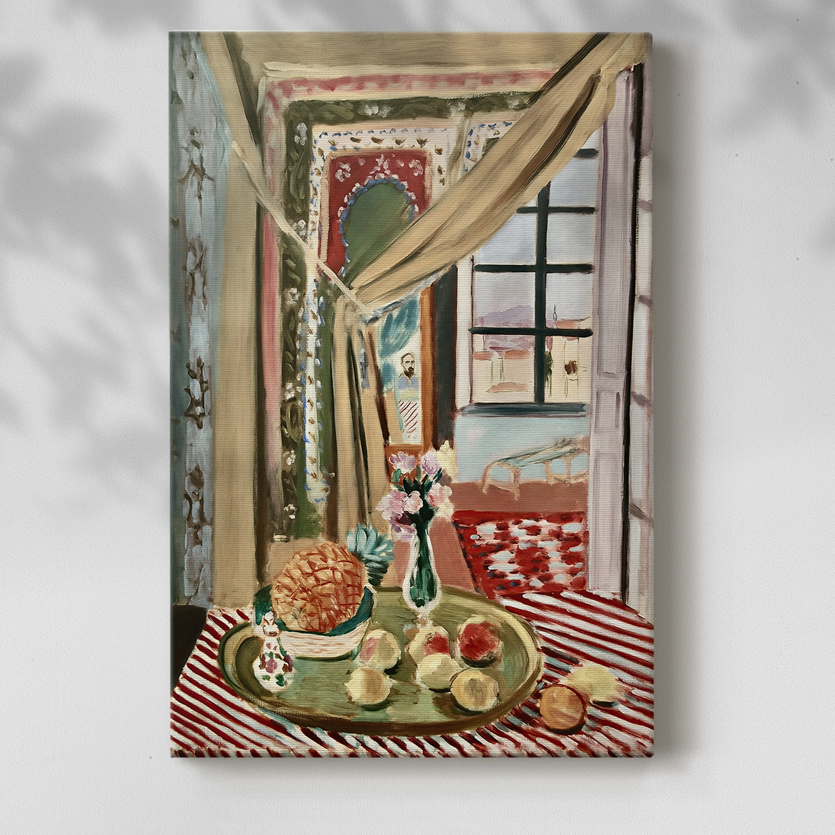 Canvas art print of a decorative room with objects arranged in bold color with a soft shadow on a white background.