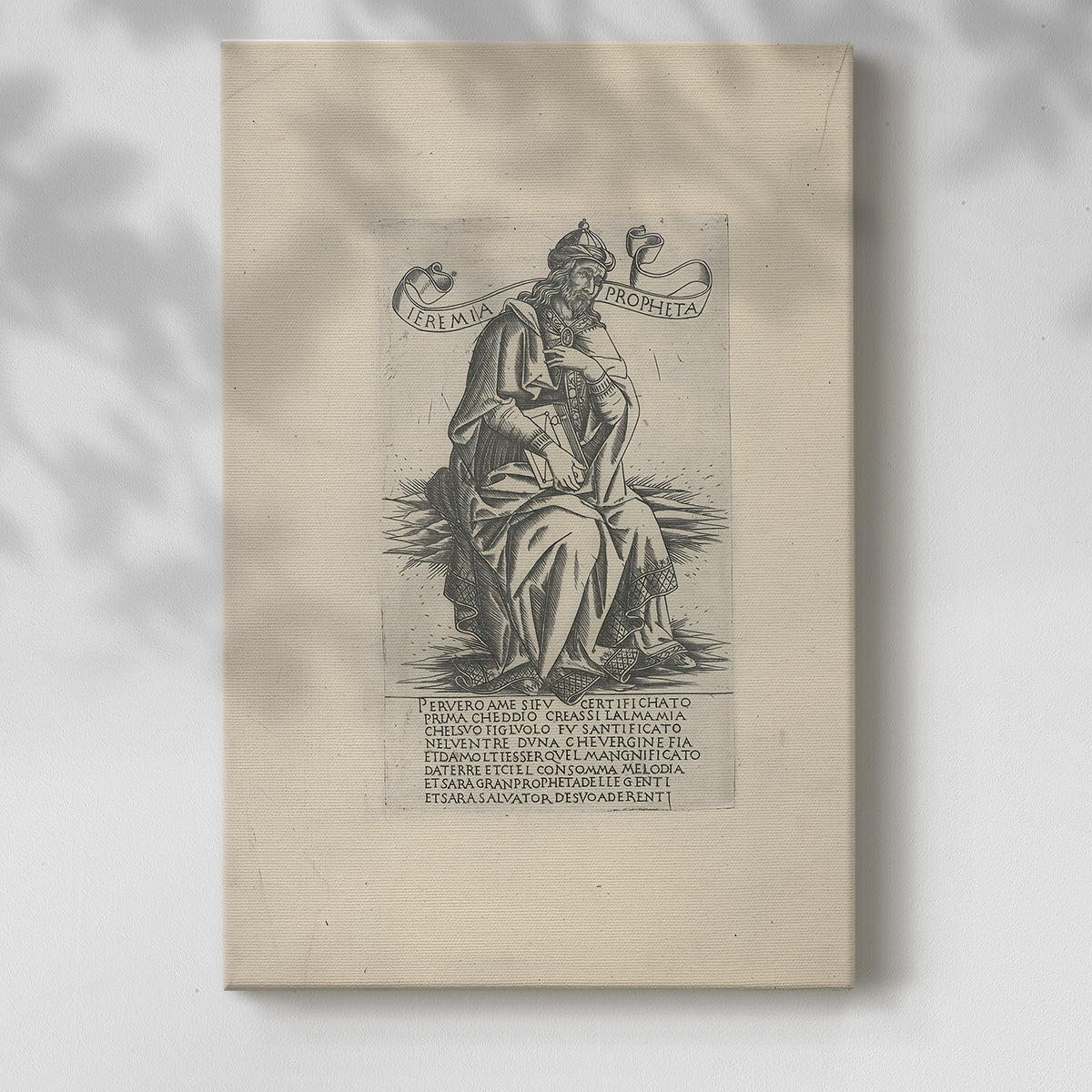 Canvas art print of a classical figure with expressive posture and etched texture with a soft shadow on a white background.