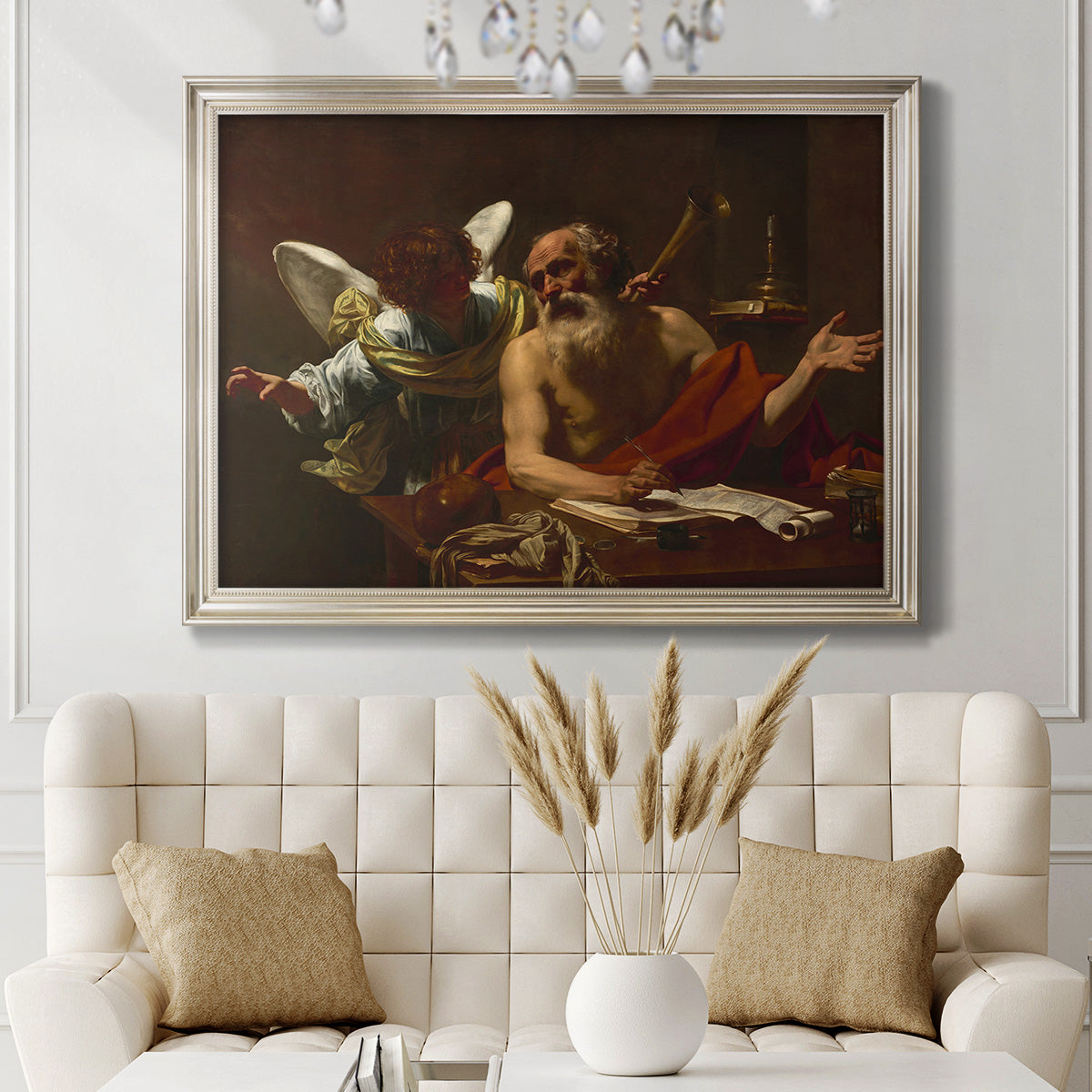 Classical religious painting of Saint Jerome with an angel by Simon Vouet in an ornate champagne frame displayed in a neutral-toned interior setting.