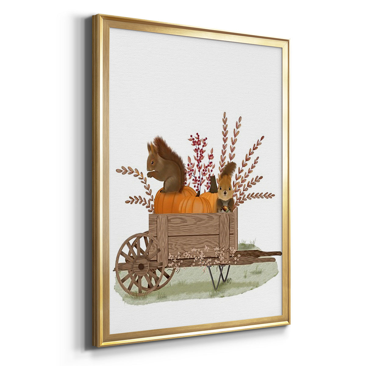 Squirrels In Pumpkin Wheelbarrow - Modern Framed Canvas Print