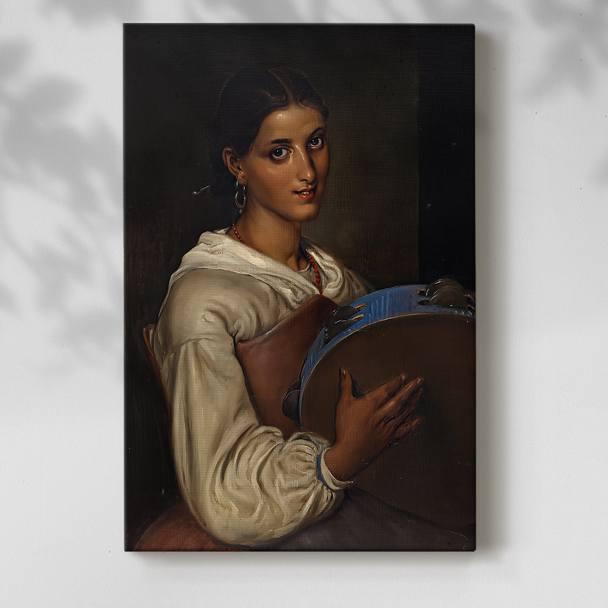 Canvas art print of a refined figure with gentle tones and cultural detail with a soft shadow on a white background.