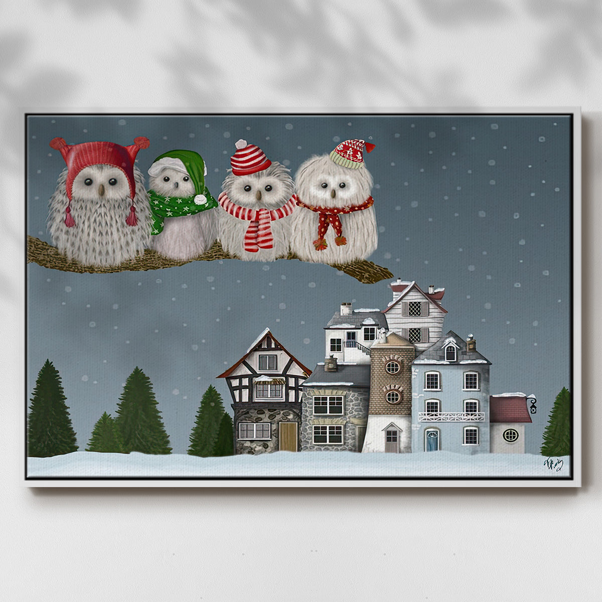 Christmas Christmas Owl Village - Framed Gallery Wrapped Canvas in Floating Frame