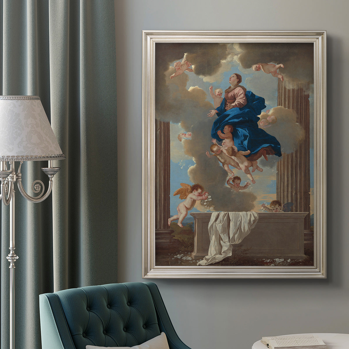 Classical religious depiction of the Assumption of the Virgin by Nicolas Poussin in an ornate champagne frame displayed in a neutral interior setting.
