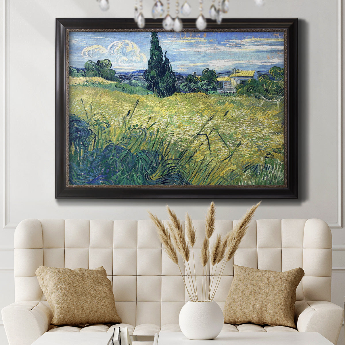 Green Wheat Field with Cypress - Ornate Framed Canvas Print