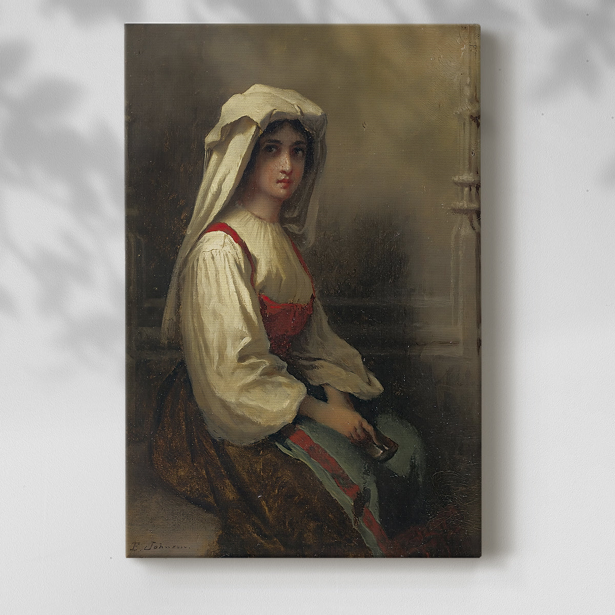 Canvas art print of a figure in simple clothing with soft light and earthy colors with a soft shadow on a white background.
