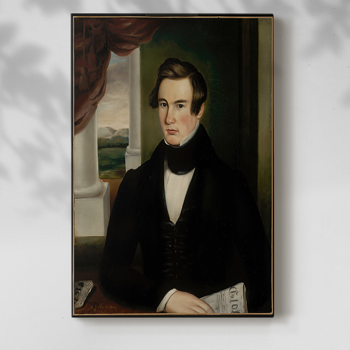 Canvas art print of a composed male figure with calm expression and subtle shading with a soft shadow on a white background.