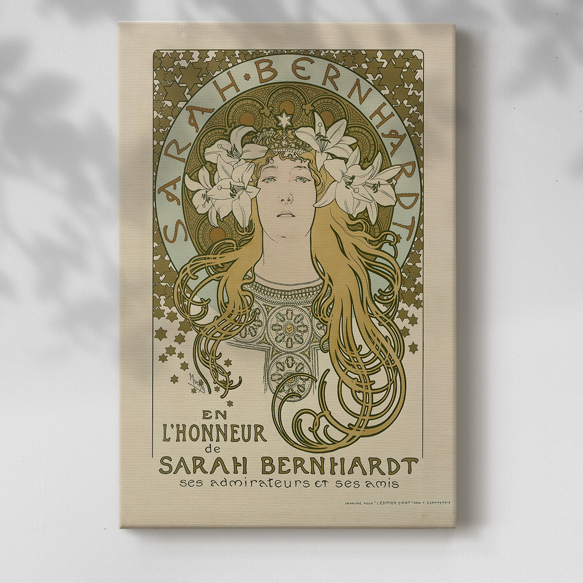Canvas art print of a stylized actress tribute with decorative patterns and soft tones with a soft shadow on a white background.