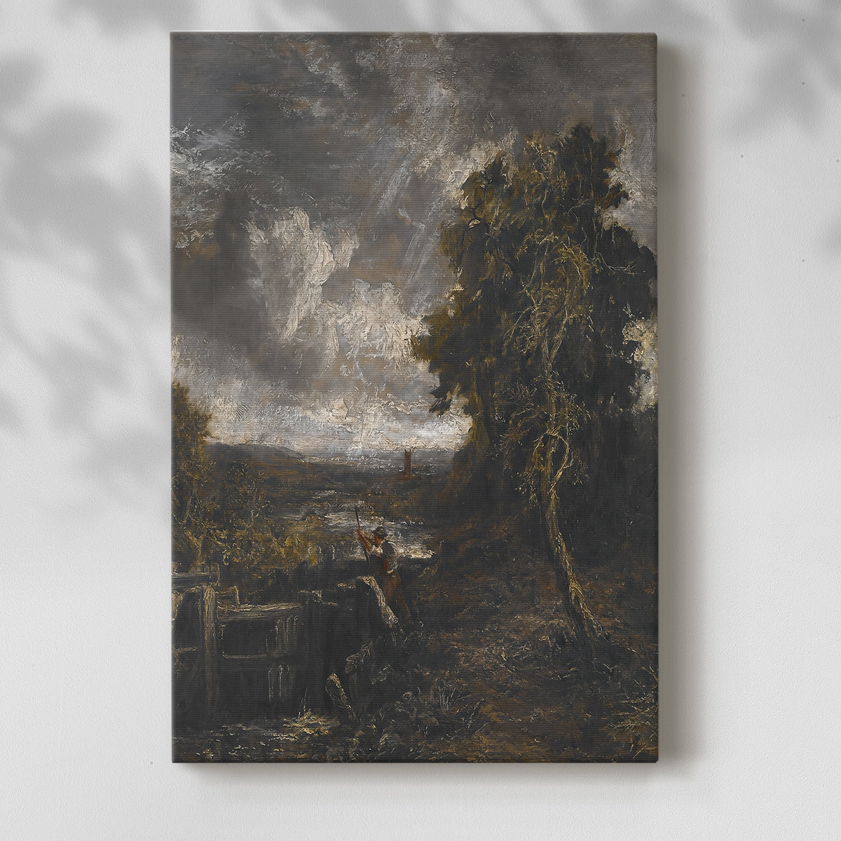 Canvas art print of a pastoral scene with water, greenery, and gentle sky with a soft shadow on a white background.