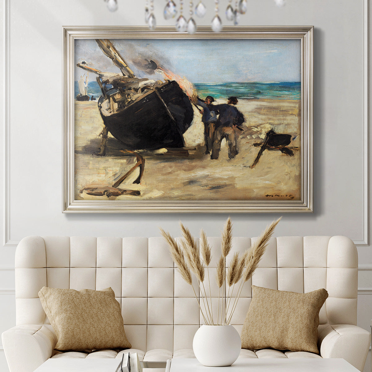 Impressionist nautical work scene by Édouard Manet in an ornate champagne frame displayed in a neutral-toned interior setting.