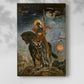 Canvas art print of an allegorical composition with contrasting figures and tones with a soft shadow on a white background.
