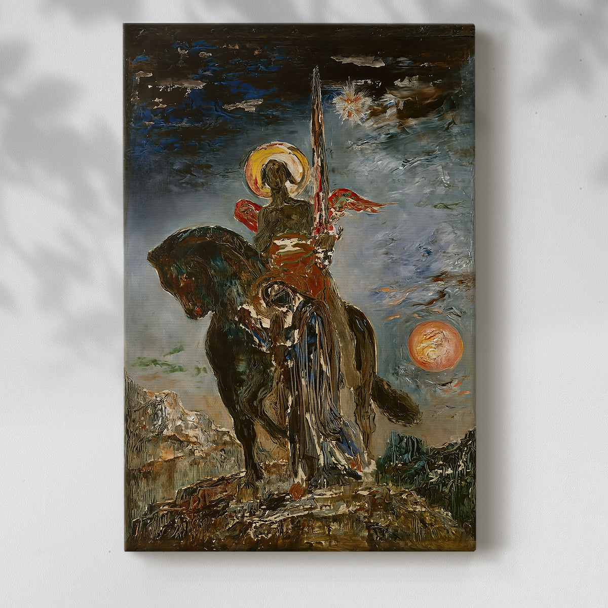 Canvas art print of an allegorical composition with contrasting figures and tones with a soft shadow on a white background.
